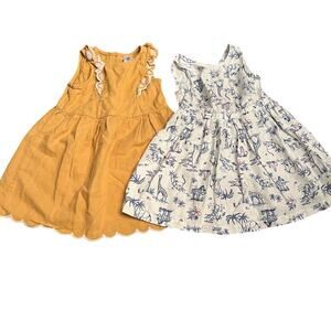 Two Carters Linen Sleeveless Twirly Dresses SZ 2T Yellow Ruffle White Animal